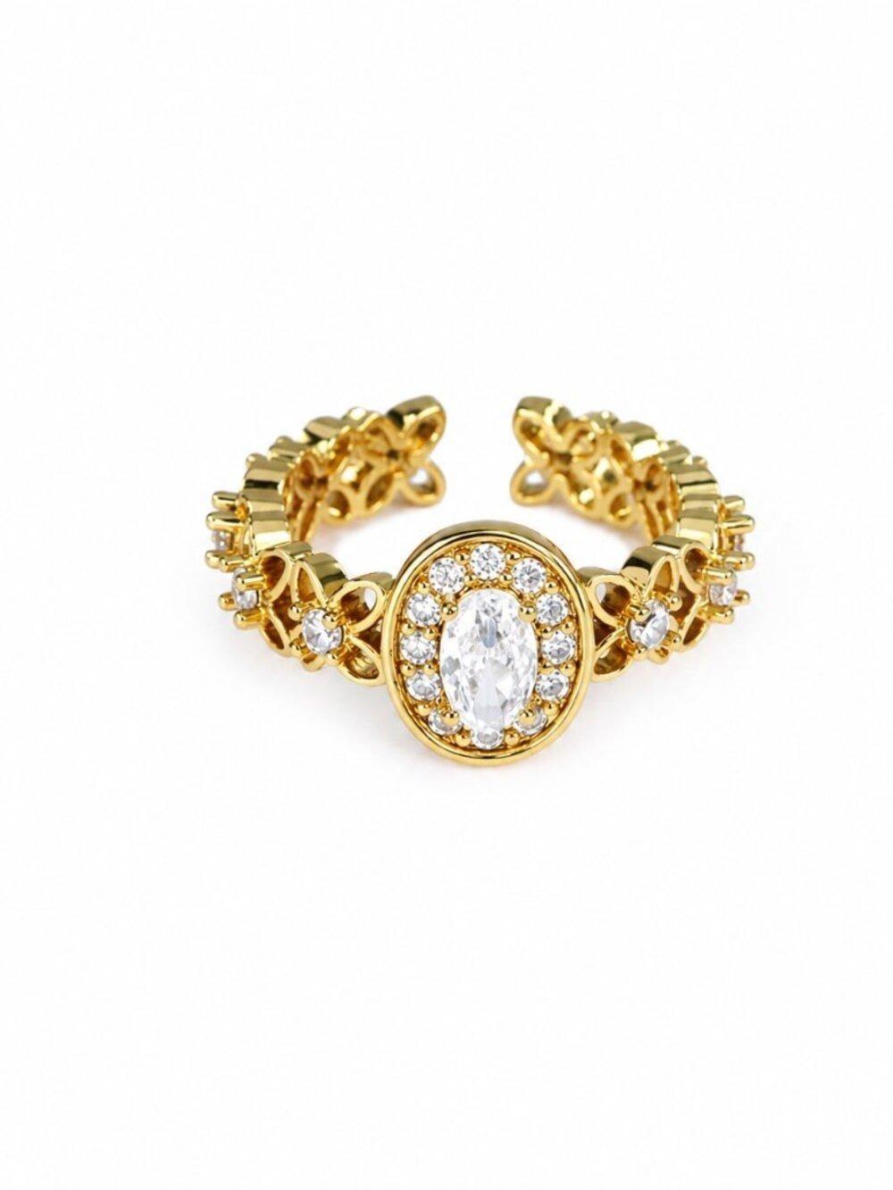 18K Gold Plated Oval Zircon Halo Adjustable Ring Statement Gift Women